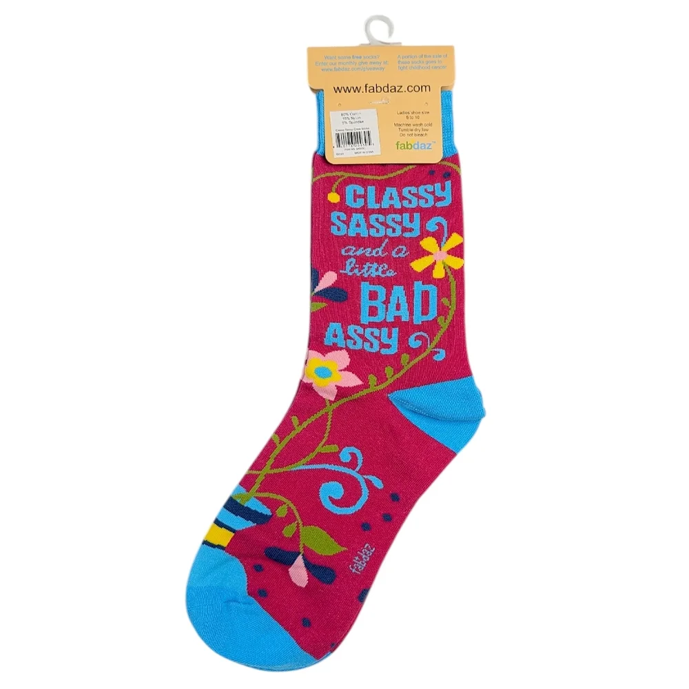 Fabdaz Classy Sassy Bad Assy Crew Socks NWT Floral Pink Blue Ladies Size 5-10